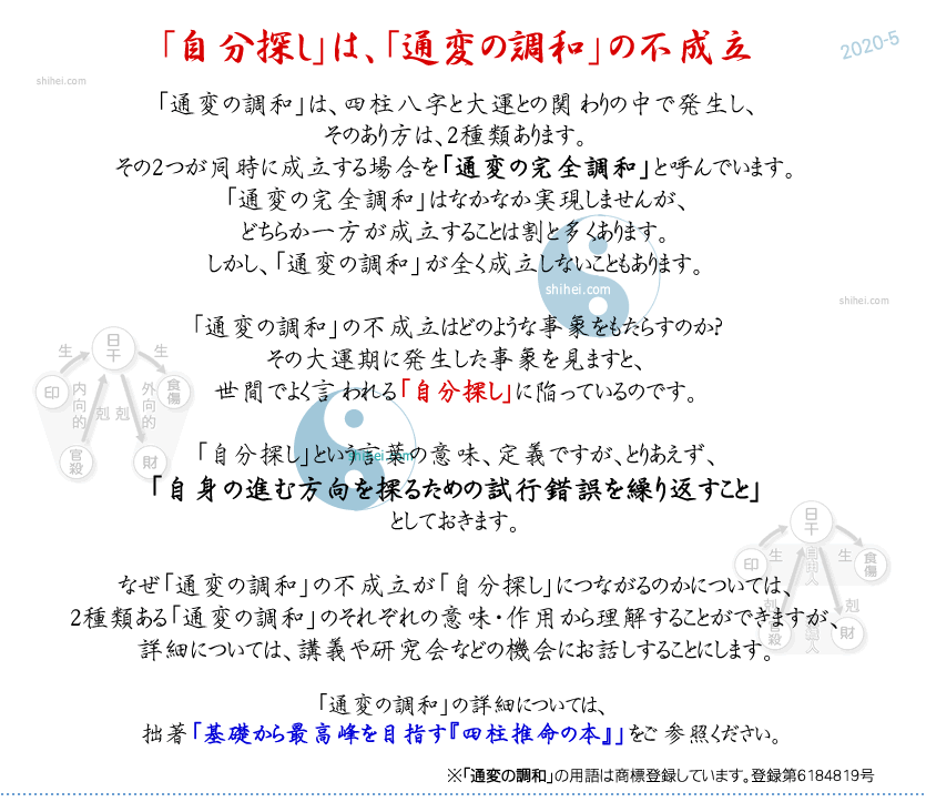 「通変の調和」の不成立はどのような事象をもたらすのか？その大運期に発生した事象を見ますと、世間でよく言われる「自分探し」に陥っているのです。